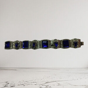 Vintage Hecho En Mexico sapphire art glass silver bracelet